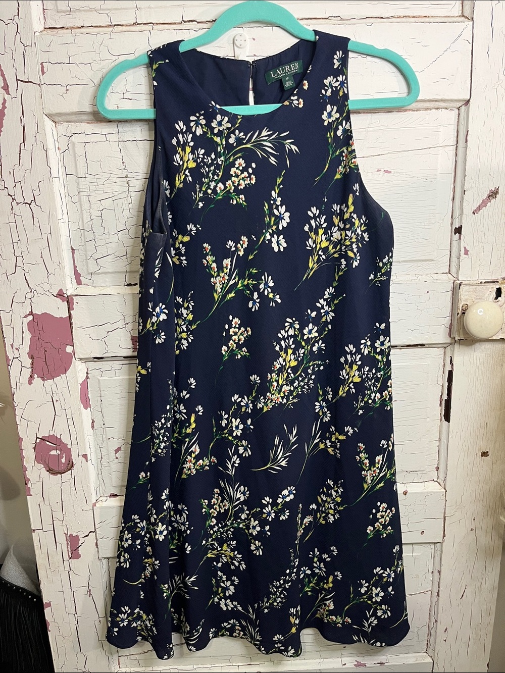 Lauren Ralph Lauren Navy Floral Sleeveless Dress Sz 12 Poly/ Elastane Blnd